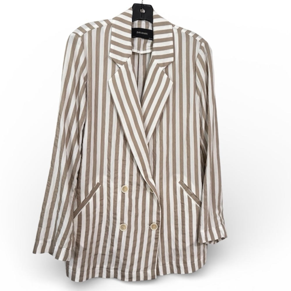 Zara Double Breasted blazer tan and white stripes lightweight size small - Picture 2 of 8